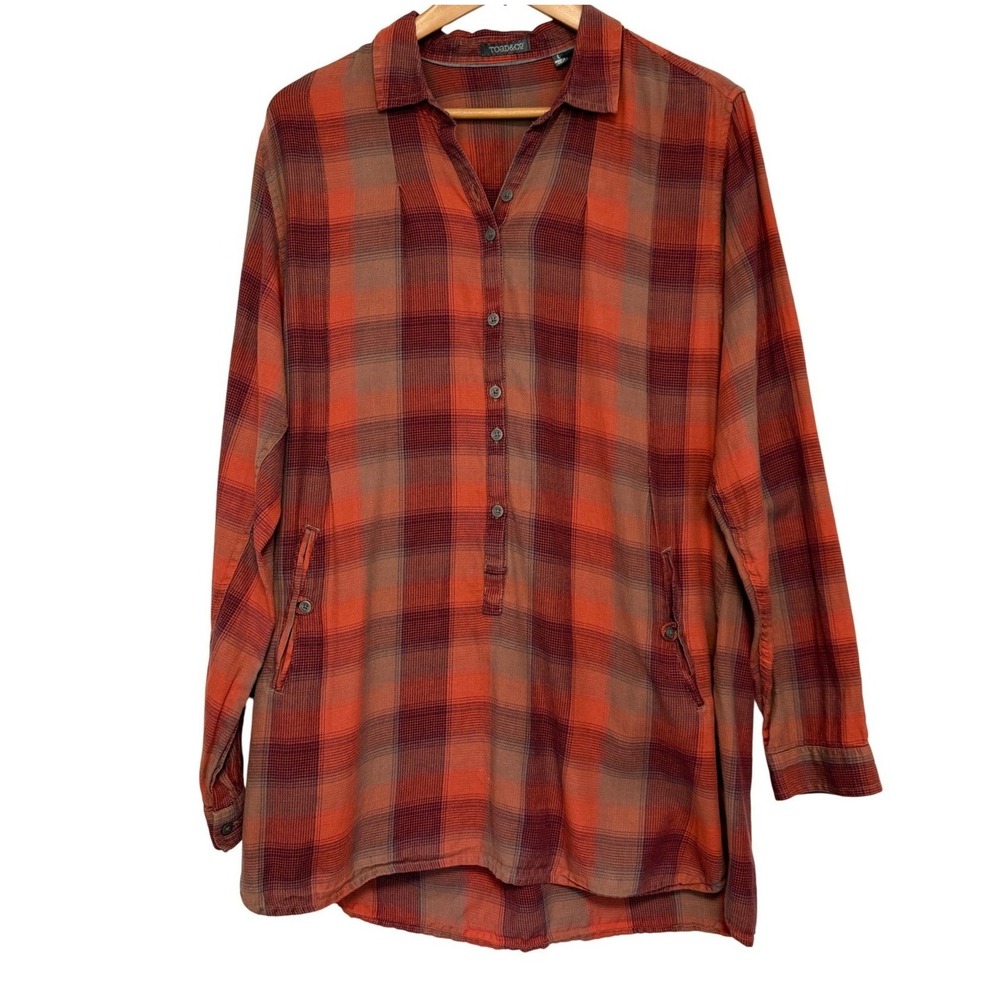 Toad&Co‎ Tunic Shirt Mixologist Womens L Orange Plaid Organic Cotton Pullover